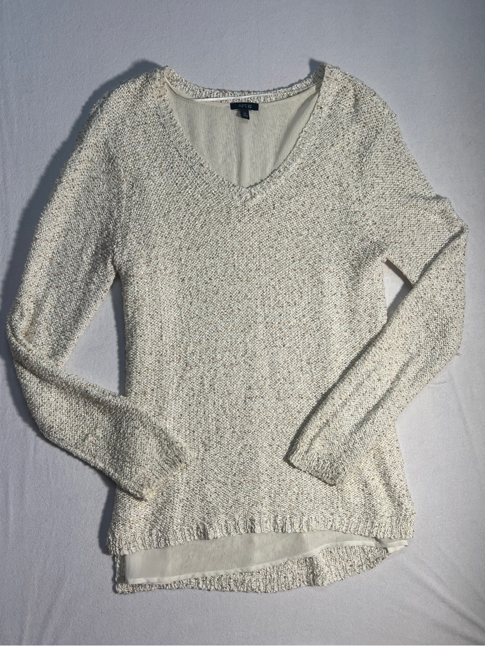 Apt. 9 Sequin Infused V-Neck Layered Chiffon Hem Sweater Cream XL